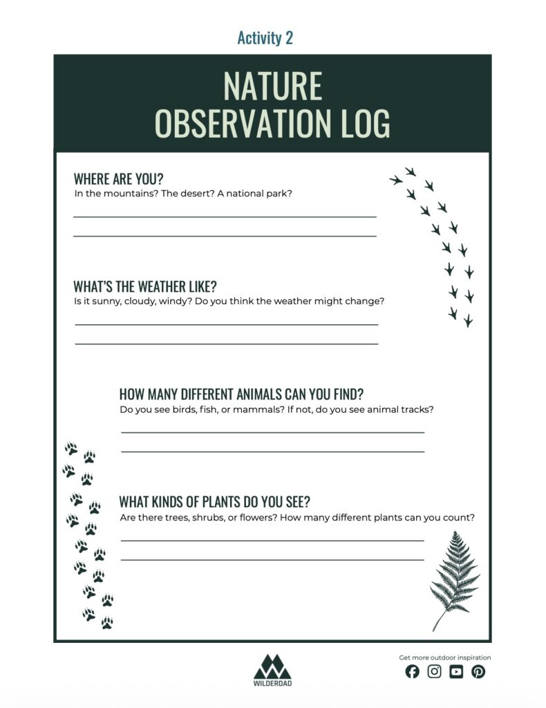 Nature observation log activity worksheet for camping with kids.