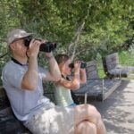 A dad and young daughter sit on a bench each looking through binoculars birdwatching.